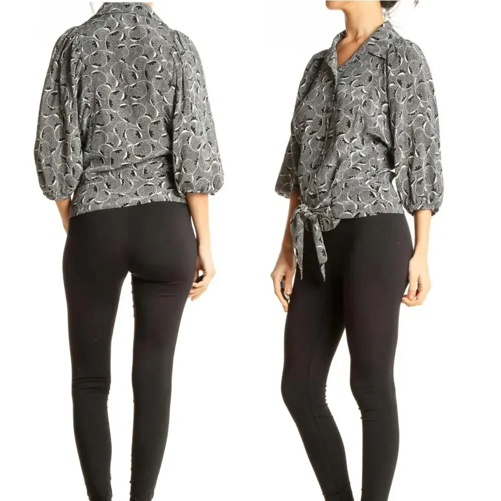 Maple Anthropologie 100% Silk Black White Print Tie Front Relaxed Fit Blouse